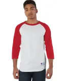 T137 Champion Logo Raglan Baseball Tee in White/ scarlet