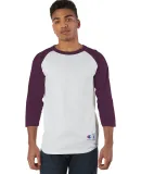 T137 Champion Logo Raglan Baseball Tee in White/ maroon