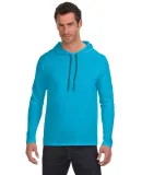 987 Anvil Ringspun Long-Sleeve Hooded T-Shirt in Carib blue/ d gr