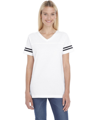 LAT 3537 Women's V-Neck Football Tee in White/ black