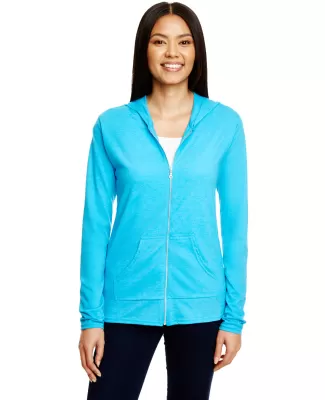 49 6759L Triblend Women's Hooded Full-Zip T-Shirt in Hthr carib blue