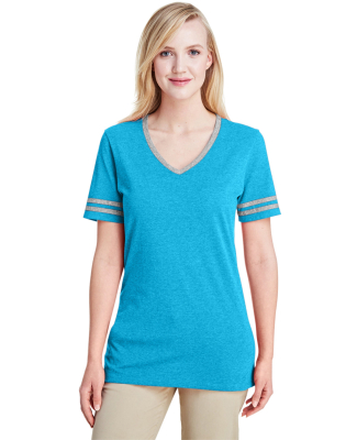 Jerzees 602WVR Triblend Women's V-Neck Varsity T-S in Carib bl hth/ ox