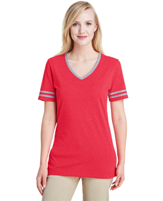 Jerzees 602WVR Triblend Women's V-Neck Varsity T-S in Fr red hth/ oxfr