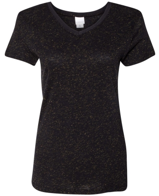 J America 8136 Women's Glitter V-Neck T-Shirt BLACK/ GOLD GLTR