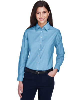 Harriton M600W Ladies' Long-Sleeve Oxford with Sta in Light blue