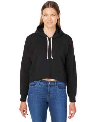 J America 8853 Ladies' Triblend Cropped Hooded Swe in Black solid