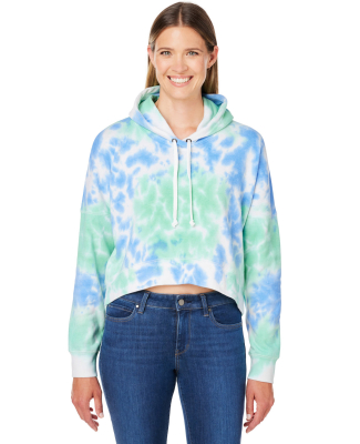 J America 8853 Ladies' Triblend Cropped Hooded Swe in Lagoon tie dye