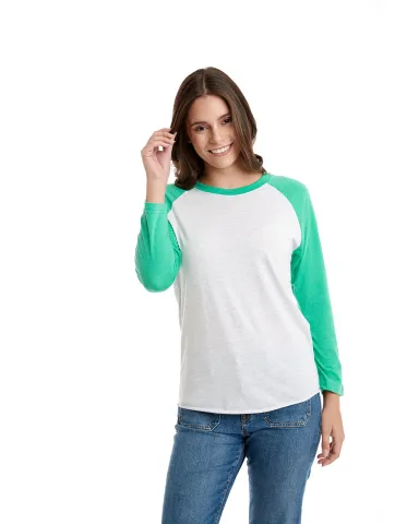 Next Level 6051 Unisex Tri-Blend 3/4 Sleeve Raglan in Envy/ hthr wht front view