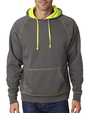 8883 J. America - Shadow Fleece Hooded Pullover Sw in Dk grey/ neon yl front view