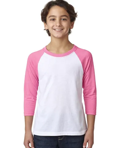 Next Level 3352 Youth CVC Baseball Raglan in Hot pink/ white front view