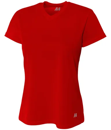 NW3254 A4 Drop Ship Ladies' Shorts Sleeve V-Neck B in Scarlet front view