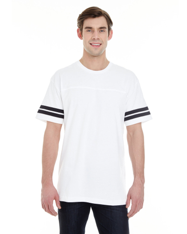 LAT 6937 Adult Fine Jersey Football Tee in White/ black front view