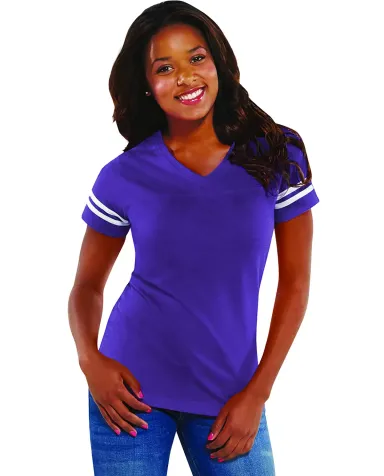LAT 3537 Women's V-Neck Football Tee VN PURP/ BLD WH front view