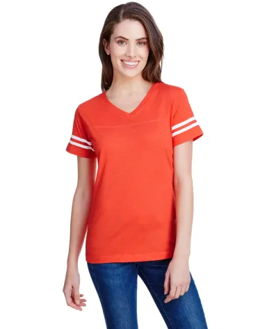 LAT 3537 Women's V-Neck Football Tee VN ORANGE/ BD WH front view