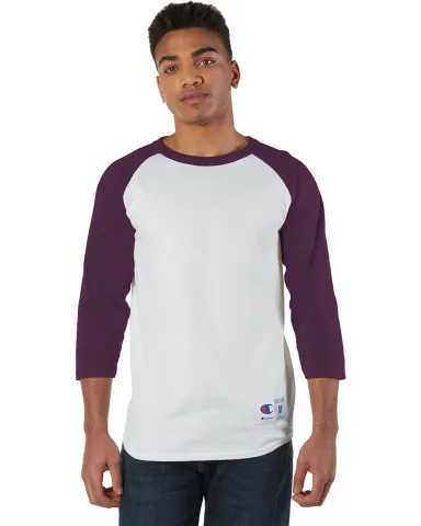 T137 Champion Logo Raglan Baseball Tee in White/ maroon front view