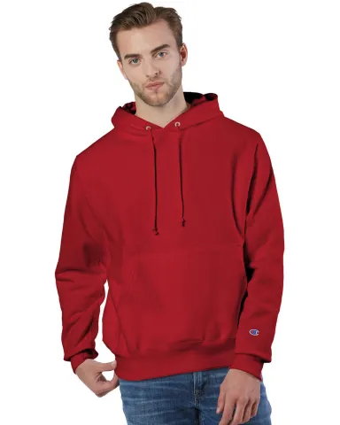 S1051 Champion Logo Reverse Weave Hoodie in Scarlet front view
