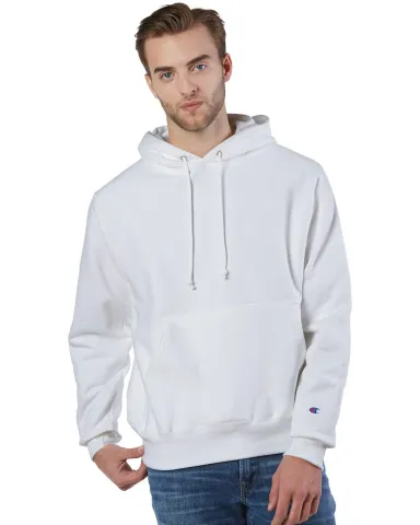 S1051 Champion Logo Reverse Weave Hoodie in White front view