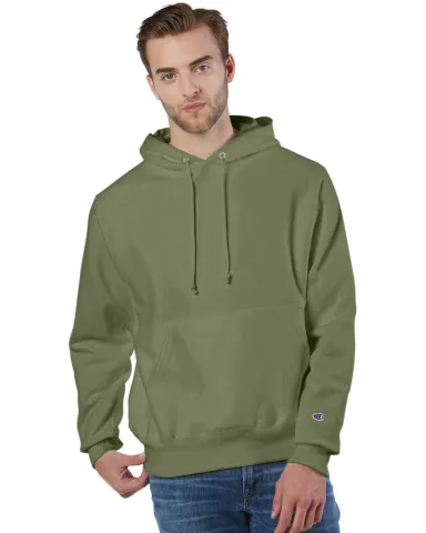 S1051 Champion Logo Reverse Weave Hoodie in Fresh olive front view