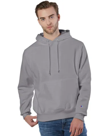 S1051 Champion Logo Reverse Weave Hoodie in Stone gray front view