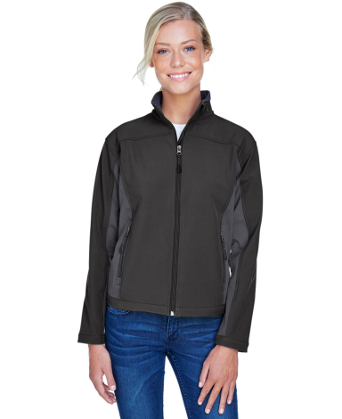 D997W Devon & Jones Ladies' Soft Shell Colorblock  in Blck/ dk chrcoal front view