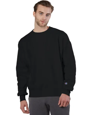 S1049 Champion Logo Reverse Weave Pullover in Black front view