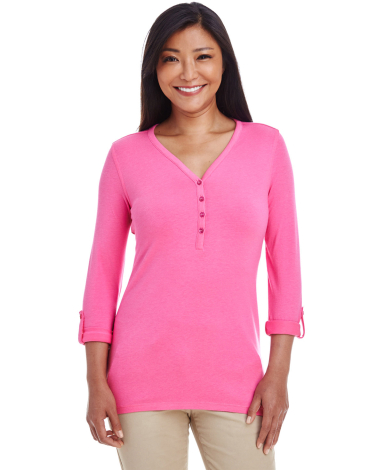 DP186W Devon & Jones Ladies' Perfect Fit™ Y-Plac in Charity pink front view