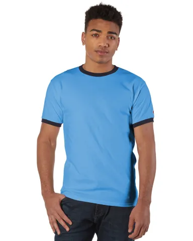 T1396 Champion Logo Cotton Ringer Tee in Light blue/ navy front view
