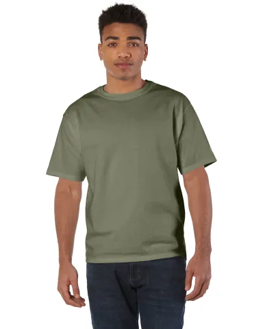 T105 Champion Logo Heritage Jersey T-Shirt in Fresh olive front view