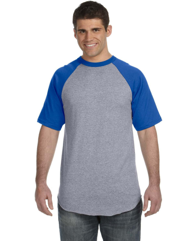 423 Augusta Sportswear Adult Short-Sleeve Baseball in Ath hthr/ royal front view