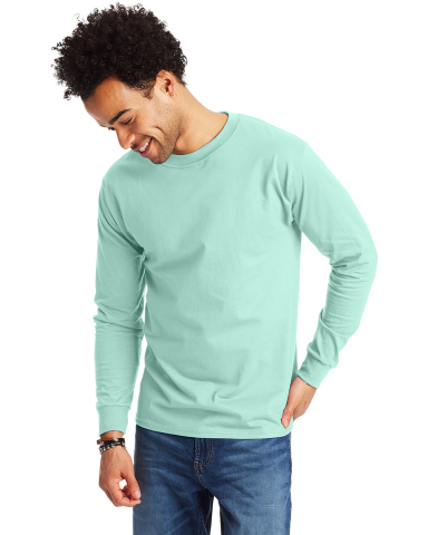 5186 Hanes 6.1 oz. Ringspun Cotton Long-Sleeve Bee in Clean mint front view