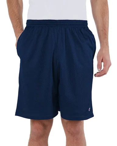 S162 Champion Logo Long Mesh Shorts with Pockets in Navy front view