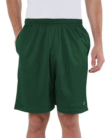 S162 Champion Logo Long Mesh Shorts with Pockets in Athltic dk green front view