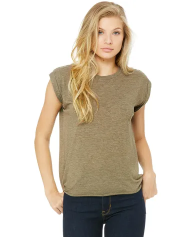 8804 Women's Flowy Muscle Tank with Rolled Cuffs in Heather olive front view