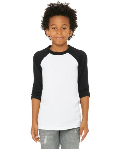 3200Y Bella + Canvas Youth Three-Quarter Sleeve Ba in White/ black front view