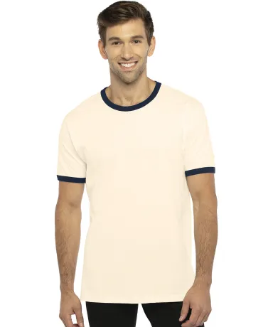 Next Level 3604 Unisex Fine Jersey Ringer Tee in Naturl/ mdnt nvy front view