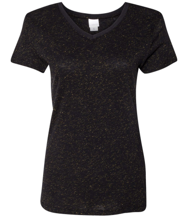 J America 8136 Women's Glitter V-Neck T-Shirt BLACK/ GOLD GLTR front view