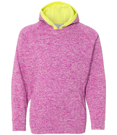 J America 8610 Youth Cosmic Fleece Hooded Pullover MAGENTA/ NEON YL front view