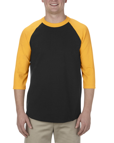 Alstyle 1334 Classic 3/4 Raglan Sleeve Tee in Black/ gold front view
