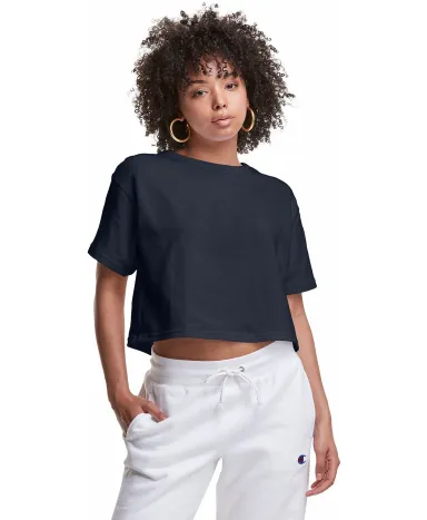 Champion Clothing T453W Ladies' Cropped Heritage T in Navy front view
