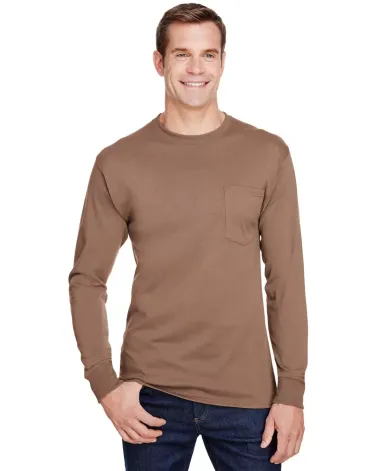 Hanes W120 Adult Workwear Long-Sleeve Pocket T-Shi in Army brown front view