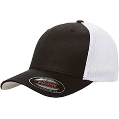 Yupoong-Flex Fit 6511 Adult 6-Panel Trucker Cap in Black/ white front view