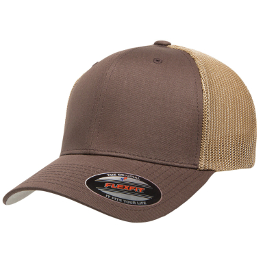 Yupoong-Flex Fit 6511 Adult 6-Panel Trucker Cap in Brown/ khaki front view