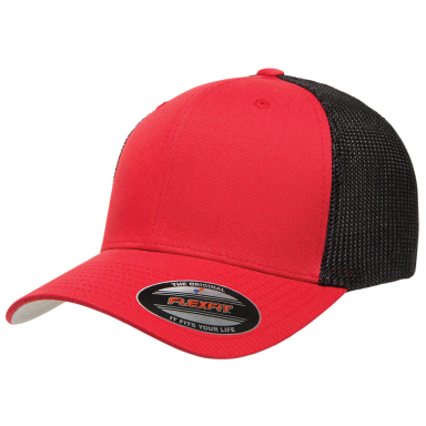 Yupoong-Flex Fit 6511 Adult 6-Panel Trucker Cap in Red/ black front view