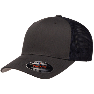 Yupoong-Flex Fit 6511 Adult 6-Panel Trucker Cap in Charcoal/ navy front view