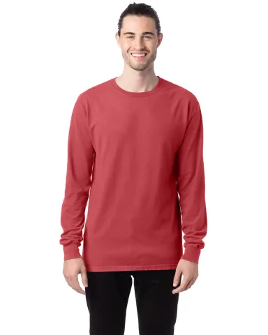 Hanes GDH200 Unisex Garment-Dyed Long-Sleeve T-Shi in Crimson fall front view