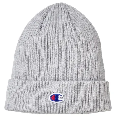 Champion Clothing CS4003 Cuff Beanie With Patch in Hthr oxford grey front view