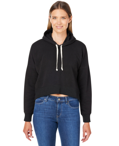 J America 8853 Ladies' Triblend Cropped Hooded Swe in Black solid front view