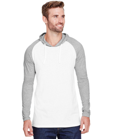 LA T 6917 Fine Jersey Long Sleeve Hooded Raglan T- in B wh/ vn hth/ wh front view