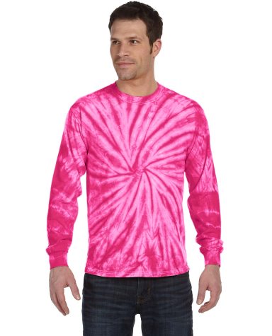 Tie-Dye CD2000 Adult 5.4 oz. 100% Cotton Long-Slee SPIDER PINK front view