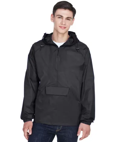 8925 UltraClub® Adult 1/4-Zip Hooded Nylon Pullov BLACK front view